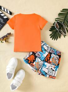 SHEIN Set estivo da 2 pezzi per bambino maschio, composto da Maglietta a girocollo a maniche corte con stampa digitale di dinosauri e pantaloncini