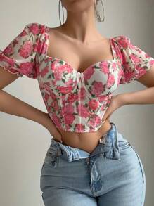 1 件女士浪漫泡泡袖鱼骨钢圈内衣上衣