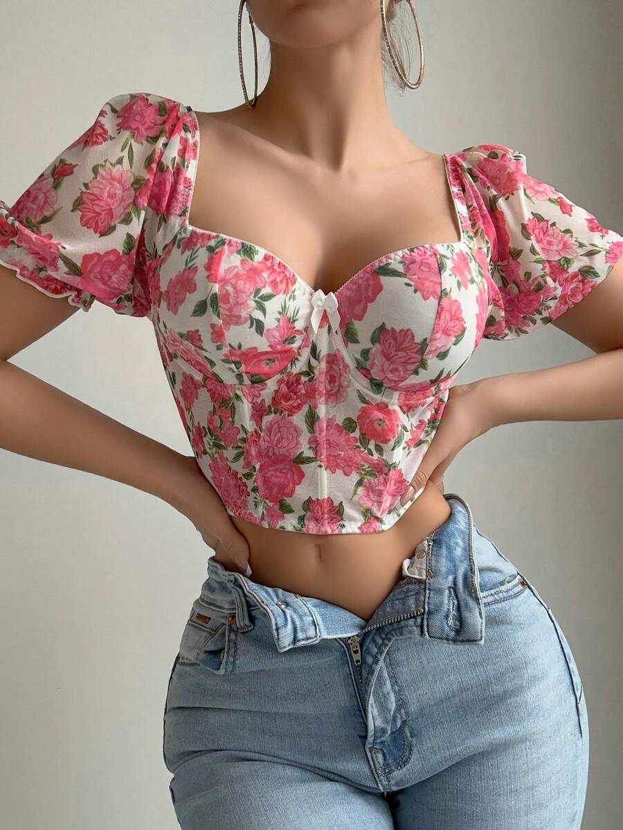 1 件女士浪漫泡泡袖鱼骨钢圈内衣上衣 - 彩色 - 查看 1