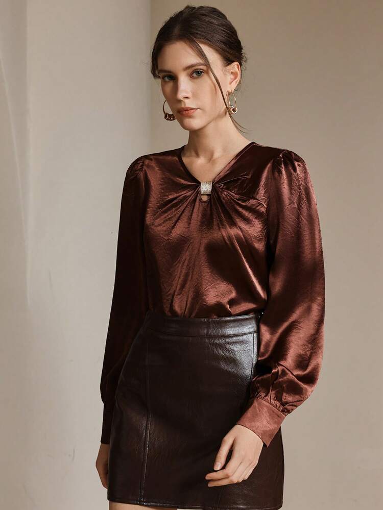 Elegant, Business Casual, Modest, Old Money Inspired Women's Acetate Blouse With Asymmetrical Hollow Design Long Sleeve, Spring
