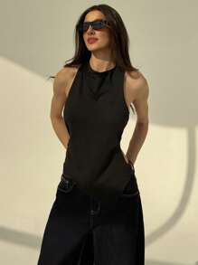 Aloruh Parte superior con escote halter sin espalda de unicolor para mujer