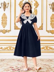 SHEIN Leap Crew Tween Girl Fitted Custom Embroidered Ruffle Collar Casual Puff Sleeve Dress - Navy Blue - View 2
