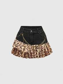 ROMWE Y2K Leopard Print Patchwork Metal Chain Asymmetrical Denim Mini Skirt - Black - View 1