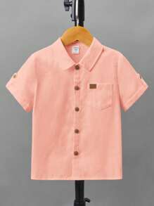SHEIN 小男孩纯色短袖单排扣休闲时尚衬衫 - 藕粉色 - 查看 6