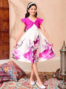 SHEIN Mädchen Tweens Cape-Ärmel Strickjacke & Schmetterling Muster Kleid Urlaubs 2 Stücke Set