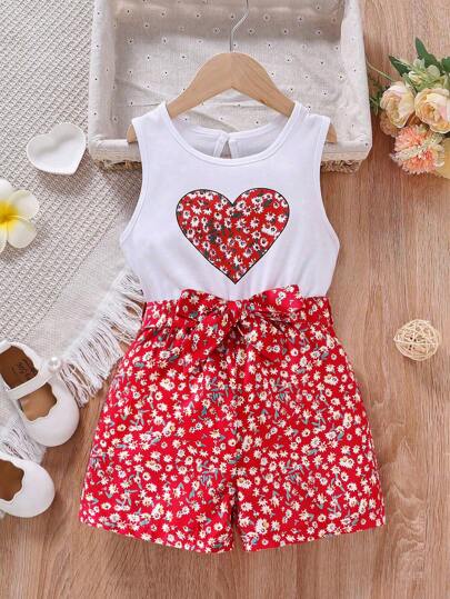 SHEIN Vintaside Kids Young Girl Ditsy Floral Jumpsuit, Casual Holiday Style, School, Campus, College