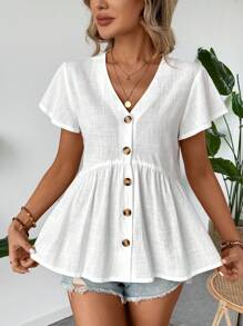 SHEIN LUNE Summer Women V-Neck Ruffle Trim Flounce Sleeve Ruched Hem Babydoll Style A-Line Shirt Leisure Vacation Open Front Blouse
