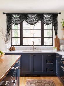 1 pieza Cortina de encaje francés negro, con estilo dulce y volante floral delicado, adecuado para decorar ventanas y puertas de la sala de estar y el dormitorio