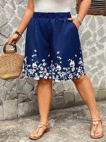 EMERY ROSE Plus Size Women Elegant Patterned Elastic Waist Ruffle Trim Pocket Shorts - Blue - View 3