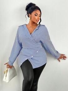 Maweii 女士加大码条纹印花纽扣前衬衫，不对称下摆，蝙蝠袖，裹身衬衫，秋装，长袖，冬装，优雅，日常通勤，外出，休闲 - 藍白色 - 查看 4