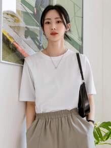 Dazy-Less 纯色圆领T恤，复古风，夏季商务休闲女士工作服 - 白色 - 查看 3