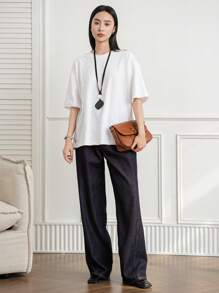 Dazy-Less Loose Simple Short Sleeve Women Solid Color Round Neck Casual T-Shirt - White - View 6