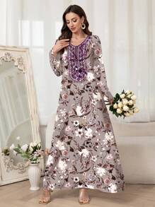 Al Najma 女士优雅花卉印花阿拉伯风格连衣裙，端庄 - 粉色 - 查看 3