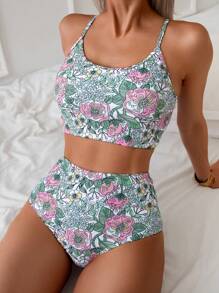 Random Printed Tankini Set For Beach In Summer Vacation Two Pieces Sethigh Waisted Bikini Set - Multicolor - View 1