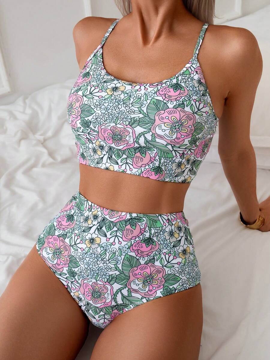 Random Printed Tankini Set For Beach In Summer Vacation Two Pieces Sethigh Waisted Bikini Set - Multicolor - View 1