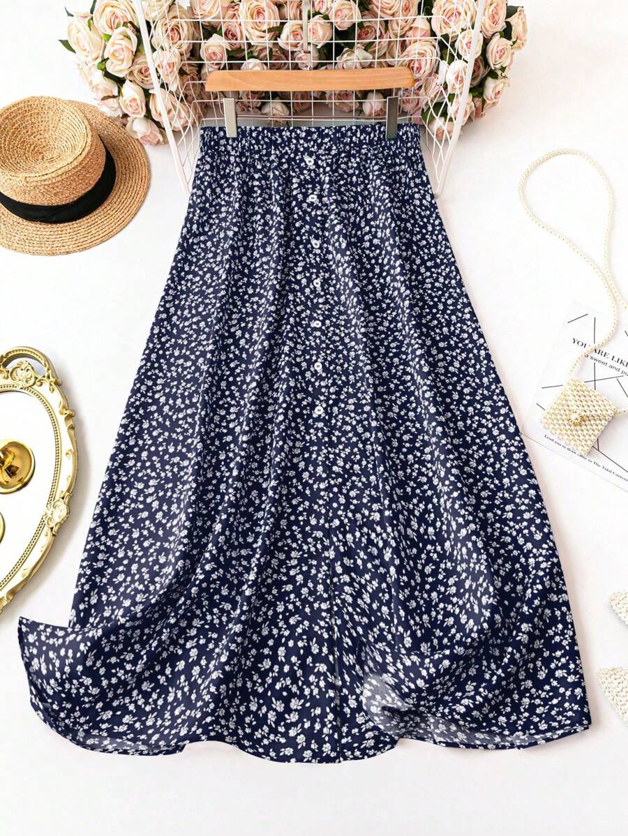 Breezaya Plus Size Vacation Leisure Front Button Floral Print Skirt For New Year Women Skirt
