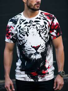 Manfinity LEGND Men's Round Neck Short Sleeve Animal Print Simple Casual T-Shirt, For Everyday Wear