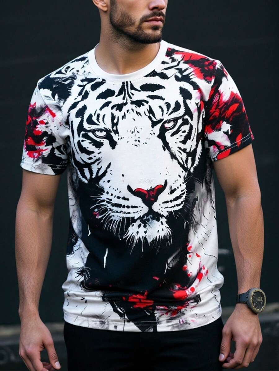 Manfinity LEGND Men's Round Neck Short Sleeve Animal Print Simple Casual T-Shirt, For Everyday Wear