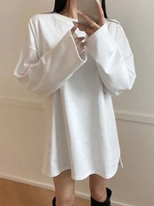 DAZY 纯色开叉下摆落肩T恤长袖女式上衣 - 白色 - 查看 4