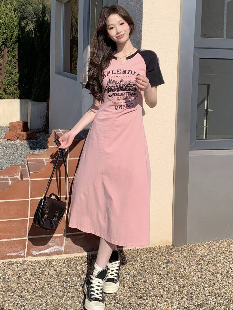 Women's Color Block Castle Letter Printed Long Dress With Notched Collar Sundress