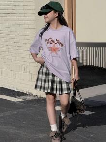 DAZY 青少年女孩口号与星星印花圆领落肩休闲 T 恤 - 紫色 - 查看 5