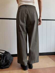 DAZY Women Solid Color Loose Pocket Pleated Ankle Length Pants - Grey - View 2