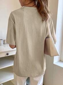 Off-The-Shoulder T-Shirt With Embroidered Lettering, Preppy Summer Style - Khaki - View 2