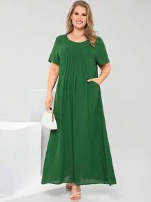 EMERY ROSE Plus Size Women Solid Color Round Neck Short Sleeve Pocketed Pleated Casual Dress Spring Outfits For Women Bridal Shower Dress White Elegant Sage Green