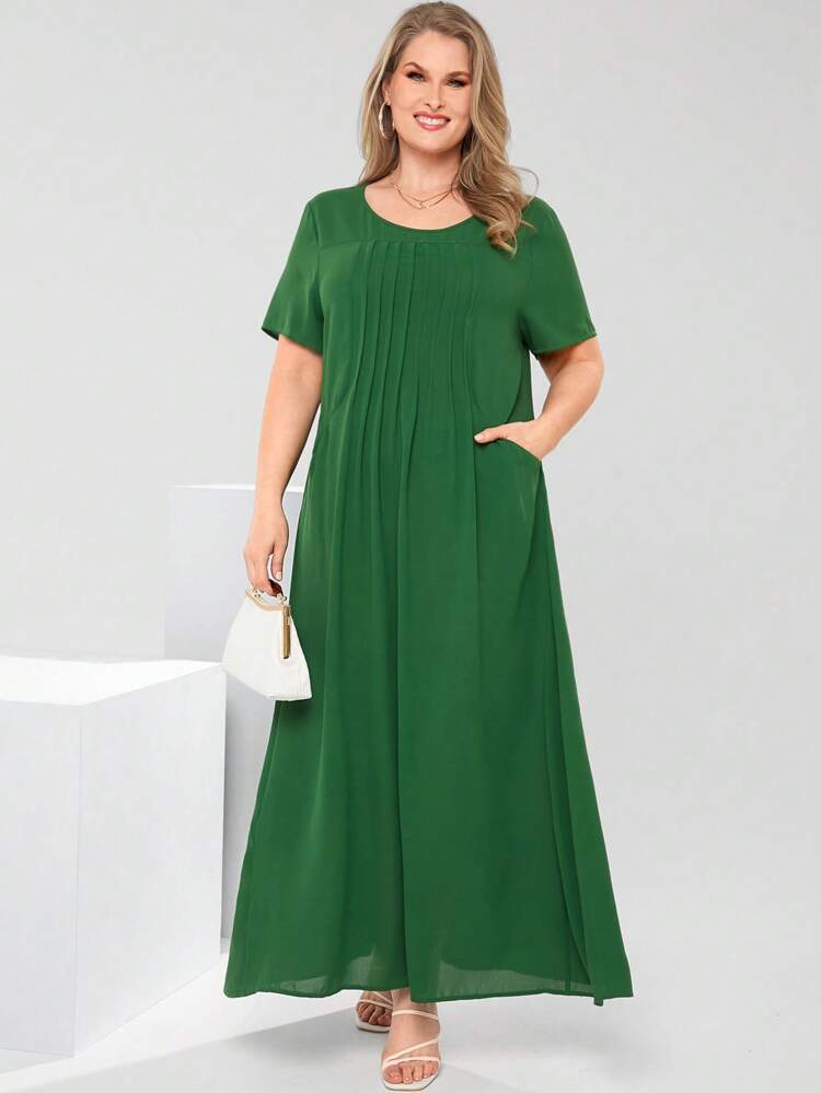 Plus Size Women Solid Color Round Neck Short Sleeve Pocketed Pleated Casual Dress Spring Outfits For Women Bridal Shower Dress White Elegant Sage Green
