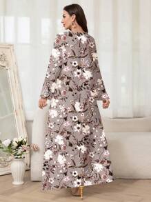 Al Najma 女士优雅花卉印花阿拉伯风格连衣裙，端庄 - 粉色 - 查看 2