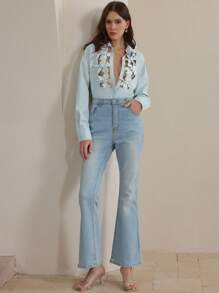Anewsta Women's Modern Commute 3D Floral Hollow-Out Blue Blouse, Suitable For Festival Going Out And Business Casual - Baby Blue - View 5