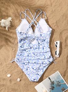 SHEIN Swim 1 szt. damski granatowy elegancki jednoczęściowy kostium kąpielowy z nadrukiem kwiatowym