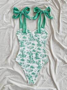 Soleia Women's Vacation Beachside Plant Print Casual Bodysuit - Green - View 2