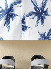 SHEIN Young Boy Tropical Palm Tree Print Button Down Short Sleeve Casual Shirt, Spring/Summer,Holiday,Summer,Travel
