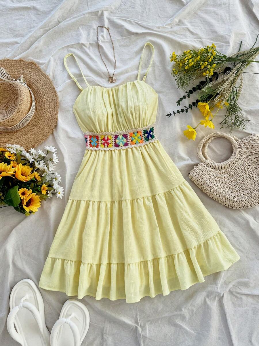 Soleia Spring Summer Vacation Ladies Solid Color Leisure Apricot 70s Outfit Vintage Summer Crochet Patchwork Ruffled Edge Waist Cinched A-Line Dress