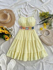 Soleia Spring Summer Vacation Ladies Solid Color Leisure Apricot 70s Outfit Vintage Summer Crochet Patchwork Ruffled Edge Waist Cinched A-Line Dress