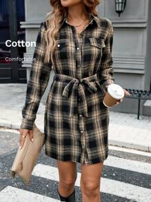 SHEIN LUNE Vintage Plaid Shirt Collar Button-Front Mini Dress With Self-Tie Belt, Elegant Commuter Dress For Women, Warm For Fall & Winter