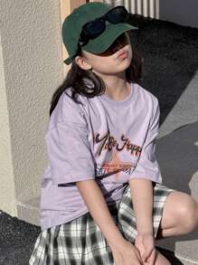 DAZY 青少年女孩口号与星星印花圆领落肩休闲 T 恤 - 紫色 - 查看 3