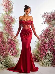 Glamrae 优雅奢华露肩亮片拼接弹力针织美人鱼裙，适合婚礼、派对、俱乐部、度假、宴会、婚礼宾客礼服、正式礼服、晚礼服、长袍 - 酒紅色 - 查看 6