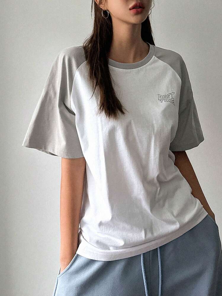 Women's Summer Round Neck Contrast Color Raglan Sleeve Letter Print Casual Street Style Loose Short Sleeve T-Shirt