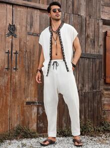 Genlund Conjunto de camisa y pantalones casuales con estampado geométrico de retazos para hombre - Beis - Ver 8