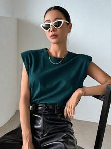 DAZY Solid Color Round Neck Sleeveless Padded Shoulder Women's T-Shirt Y2k Summer