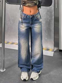 Low Waist Vintage Wash Straight Jean Low Rise Jeans - Medium Wash - View 3