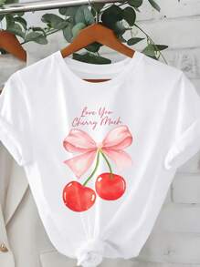Flirla 大码蝴蝶结、樱桃印花、字母图案短袖 T 恤 - 白色 - 查看 1