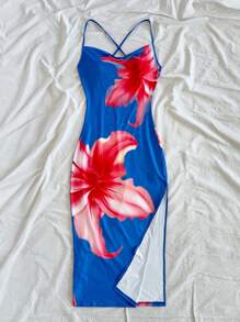 Soleia 女士百合花卉印花海滩度假开衩领吊带背心长裙 - 寶藍色 - 查看 6