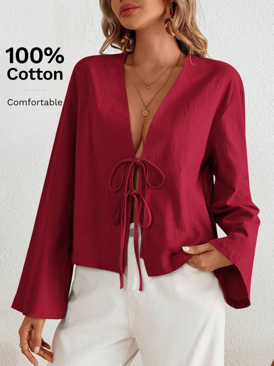 SHEIN VCAY Blusa de corte holgado, manga acampanada, ajuste regular, de tela tejida casual para mujer - Burdeos - Ver 1