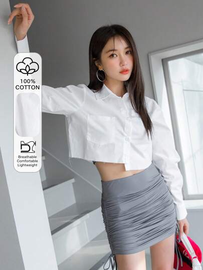 DAZY 纽扣双口袋短款衬衫，长袖上衣，秋季女装