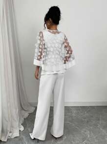 Elenzga 2pcs Set Women Standard Size Crew Neck Butterfly Cape Decor Mesh Panel Top And Solid Color Straight Pants - White - View 2