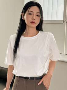 Dazy-Less 纯色圆领T恤，复古风，夏季商务休闲女士工作服 - 白色 - 查看 10