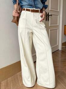 DAZY Women's Plain Pocket Casual Loose Straight Leg Pants, Versatile - Beige - View 2